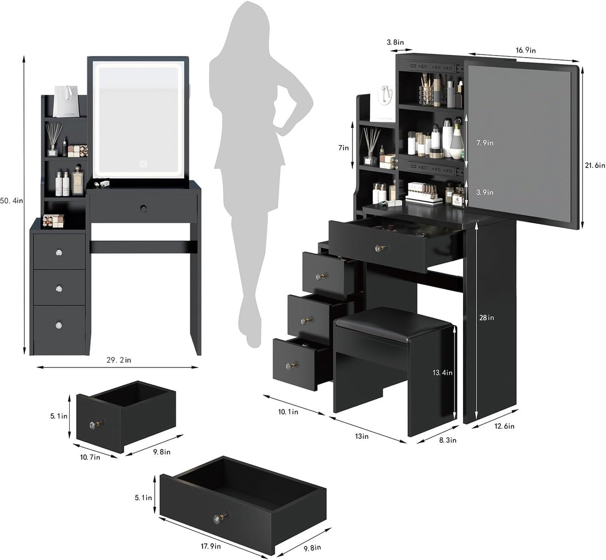 CIATRE Small Space Left Bedside Cabinet Vanity Table + Cushioned Stool, Extra Large Right sliding mirror, Multi Layer High Capacity Storage, Practical Fashionable Dresser, Black